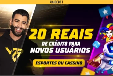 A imagem mostra uma faixa amarela na parte superior, escrito "VAIDEBET" em letras pretas. O fundo da imagem, ao lado esquerdo da imagem, mostra um estádio de futebol até a metade da imagem, com a imagem do cantor Gustavo Lima utilizando um casaco preto com uma logo, apontando para ela. A outra metade da imagem possui um fundo em roxo, com ilustrações coloridas, como a de um robô branco, com detalhes em tons de azul, "voando", e há tambmém outras ilustrações coloridas. No centro da imagem há m texto, escrito "20 REAIS", em amarelo, e "DE CRÉDITO PARA NOVOS USUÁRIOS", em branco. Logo abaixo, há uma faixa amarela arredondada, escrito: " ESPORTES OU CASSINO' com letras em preto.