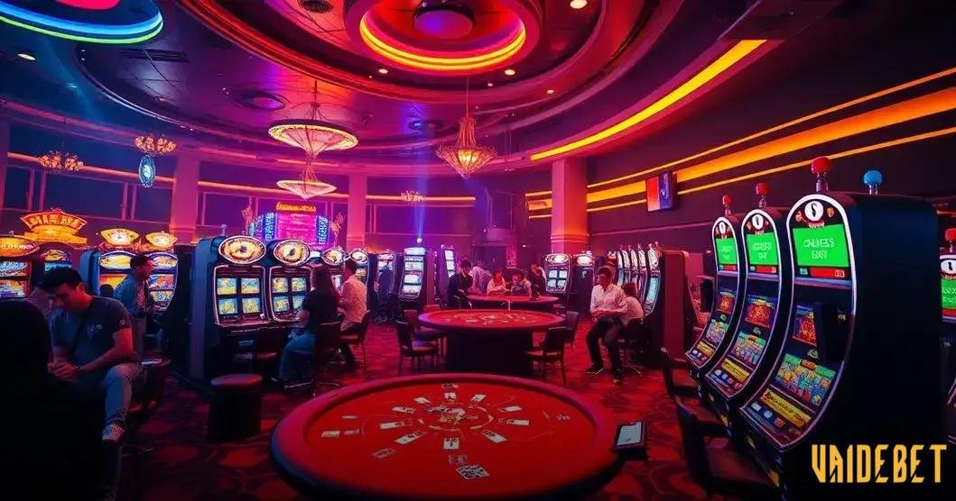 Interior de um cassino com várias máquinas caça-níqueis em primeiro plano, exibindo telas coloridas e sinalização indicando “Roulette” e “Slots Last”. Ao fundo, há uma mesa de cartas onde um jogo parece estar em andamento, com pessoas sentadas ao redor. O teto possui luminárias circulares vibrantes emitindo tons de vermelho e laranja que refletem no teto escuro, criando uma atmosfera acolhedora. As paredes são iluminadas de forma suave, destacando as máquinas de jogos e mesas iluminadas. A logo “VAIDEBET” é visível na parte inferior da imagem.