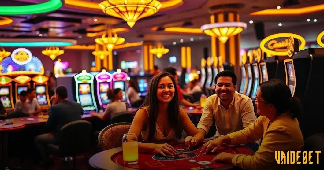 O interior de um cassino movimentado. Há várias máquinas caça-níqueis ao fundo com displays coloridos e luzes. Em primeiro plano, há uma mesa onde três pessoas estão sentadas jogando cartas. No teto, há grandes luminárias redondas amarelo-alaranjadas que iluminam o espaço. Um logotipo que diz “VAIDEBET” é visível no canto inferior direito da imagem. O ambiente é vibrante e animado, típico de um cassino.