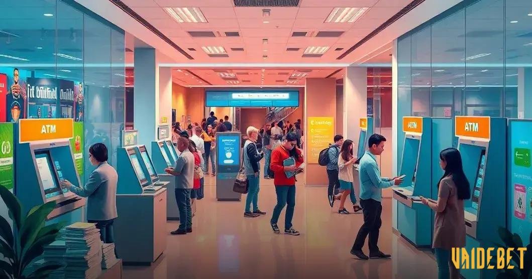 Interior de um banco moderno com vários caixas eletrônicos (ATMs) alinhados nas paredes laterais. Diversas pessoas estão realizando transações nos ATMs, enquanto outras aguardam na fila. O ambiente é bem iluminado, com sinalização aérea indicando direções e serviços como 'ATM' e 'Banco Online'. A paleta de cores é dominada por tons de azul e laranja. No canto inferior direito, há uma marca d'água com a logo da 'VAIDEBET'.